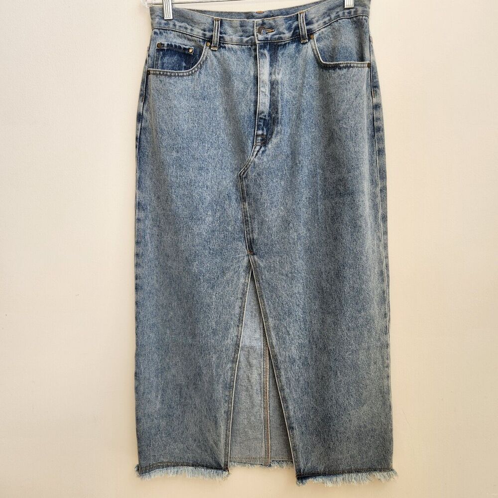 Ena Pelly Jean Skirt Womens 10 US Blue Denim Boyfriend Maxi Front Slit Boho Chic